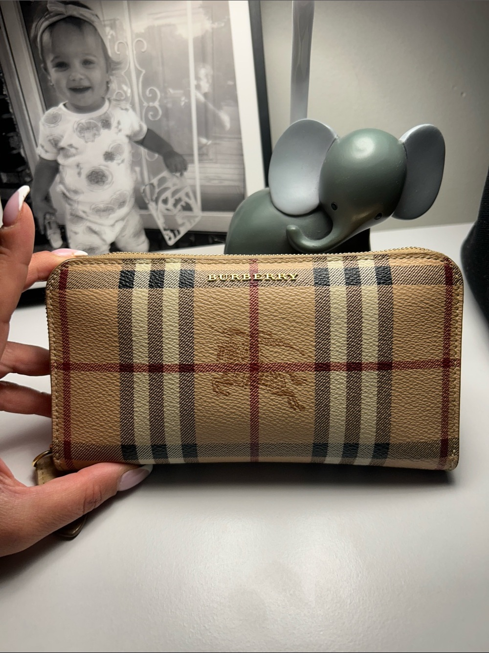 Burberry Beige Plaid Zip-Around Wallet